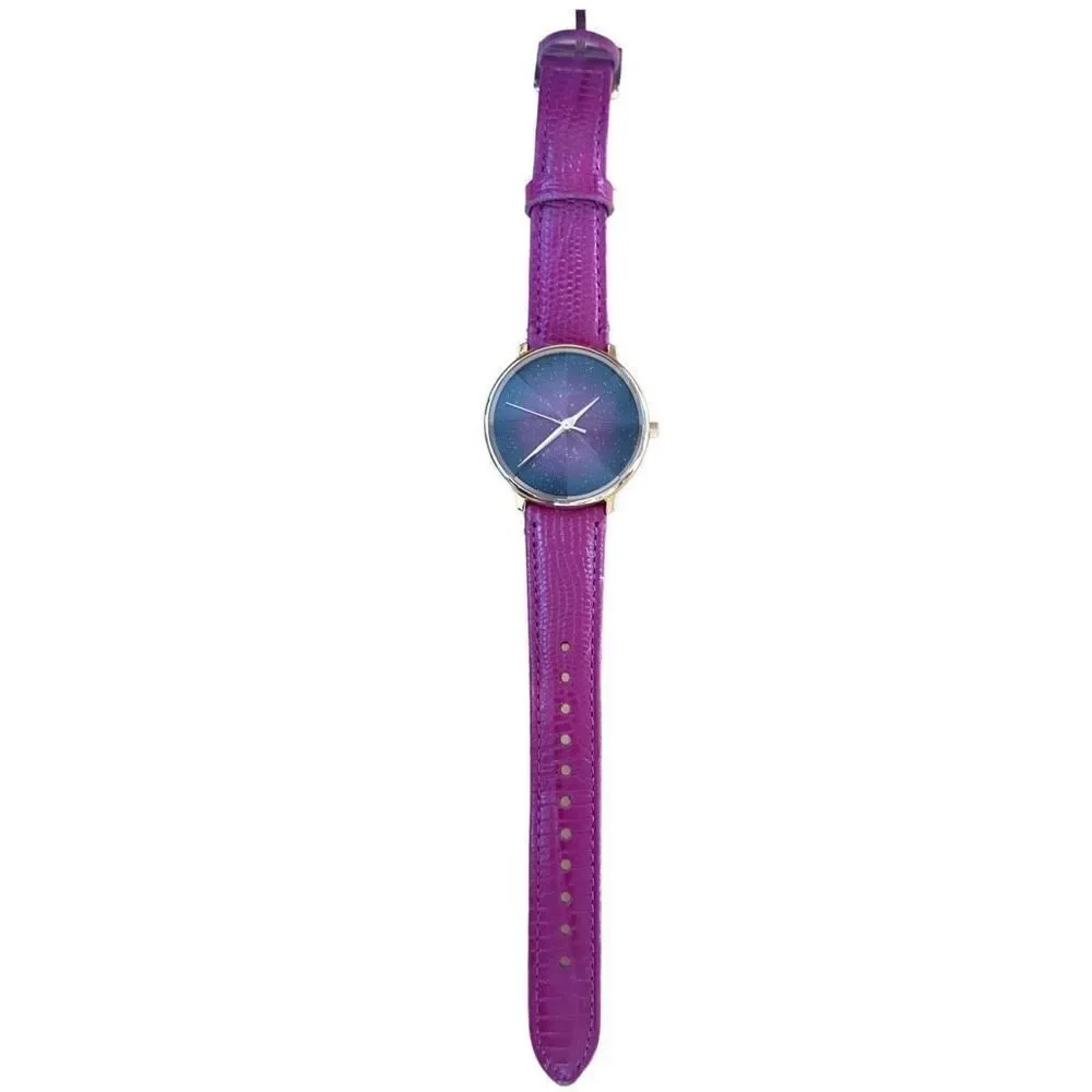 FOSSIL Prismatic Galaxy Three Hand Fuchsia Leather Band Raised Crystal Analog Wa - Picture 9 of 10